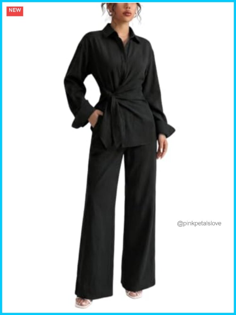 Womens Two Piece Set Long Sleeve Tie Waist Shirt Wide Leg Pants